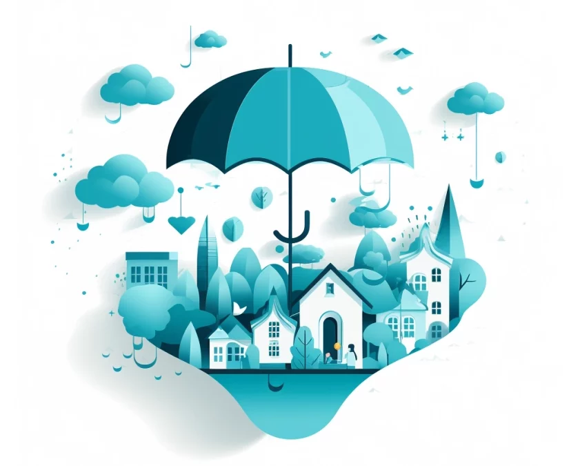 The image depicts a stylized representation of an umbrella covering a house, a car, and a family, symbolizing the comprehensive protection that personal umbrella insurance provides.