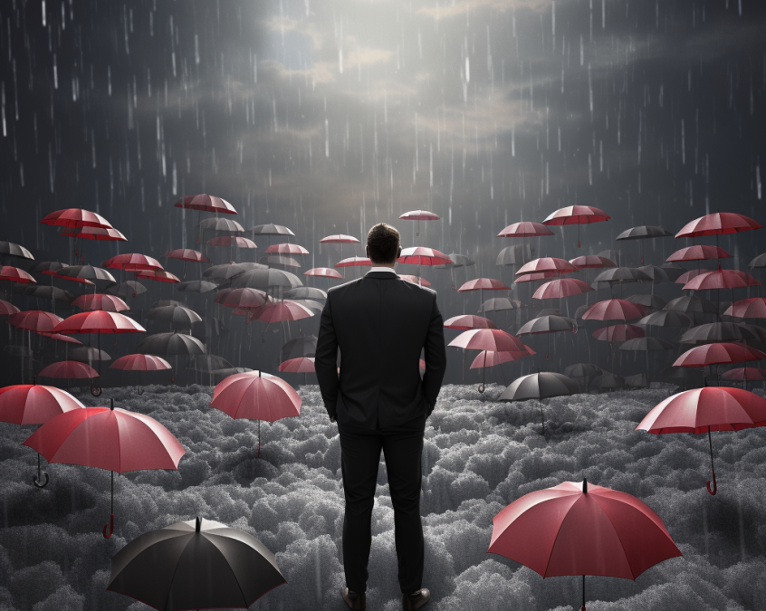 Person Standing in front of Umbrellas in the clouds
